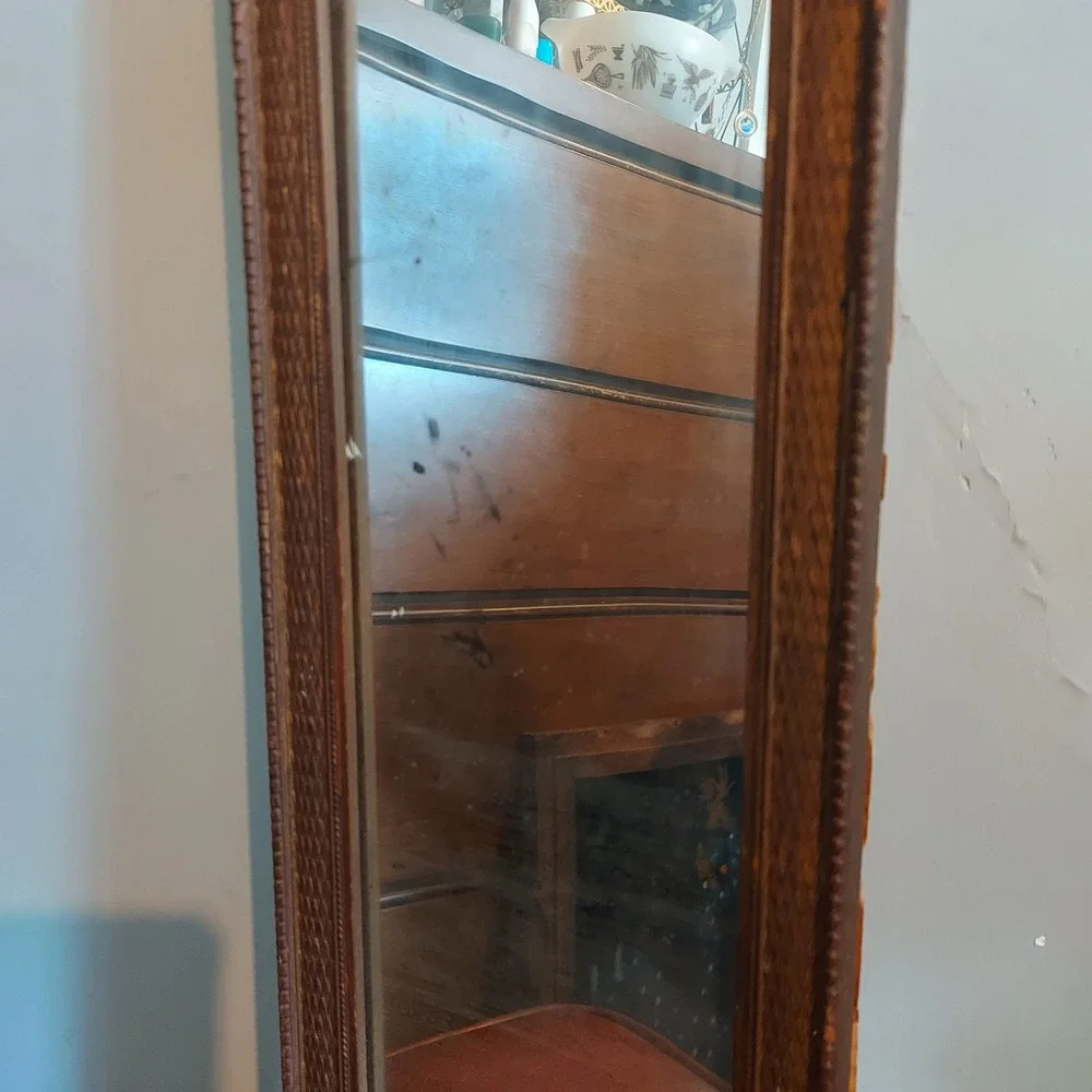 Antique Trumeau Wall Mirror Carved Wood Frame Romantic Scene Print 27x6.5in